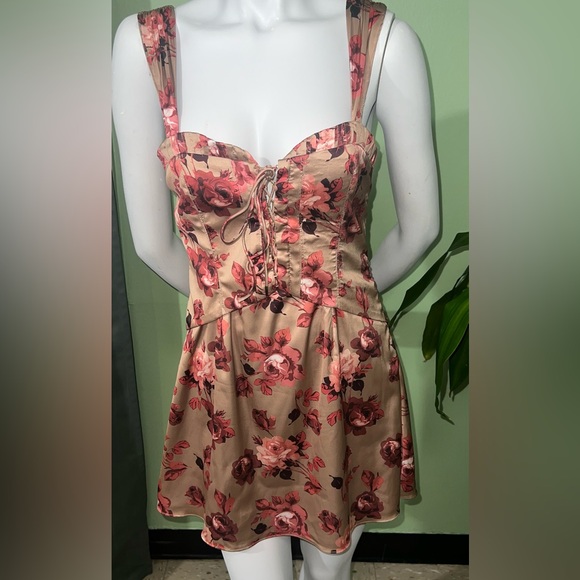 Oh Polly Dresses & Skirts - Oh Polly Floral Satin Lace-Up Corset Mini Dress